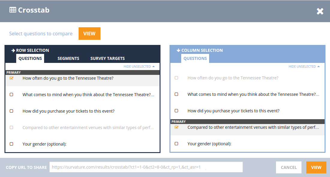 Selecting questions for Crosstab